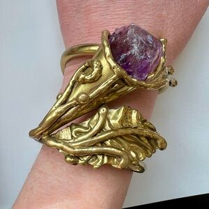 Vintage Brass and Purple Stone Leaf Cuff Bracelet